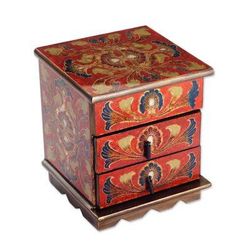 Joyous Red Enchantment,'Reverse Painted Glass Decorative Chest in Red from Peru'