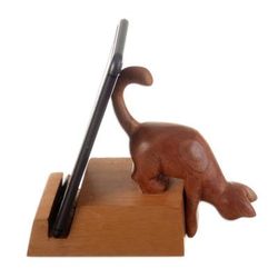 'Hand-Carved Cat-Themed Brown Cedar Wood Phone Holder'