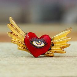 Sacred Gaze,'Winged Heart-Shaped Red and Golden Pinewood Magnet'
