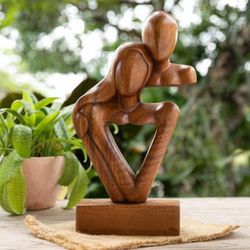 'Modern Hand-Carved Suar Wood Sculpture of Abstract Couple'