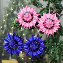 'Artisan-Made Set of 4 Blue and Pink Flower Paper Ornaments'