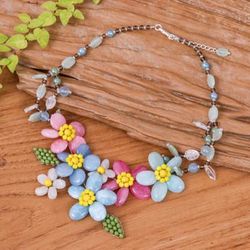 'Blue and Pink Spring-Themed Quartz and Glass Beaded Necklace'