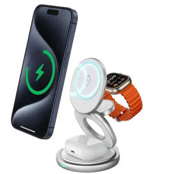3 in 1 Magnetic 360 Rotate Metal Wireless Charger Stand Pad For iPhone 15 14 13 12 Apple Watch 9 8 Airpods Fast Charging Station