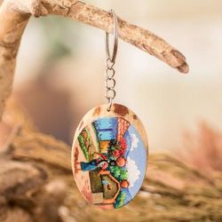 'Pinewood Keychain with Hand-Painted Guatemalan Woman Motif'