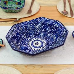 'Baroque-Inspired Leafy Talavera Blue Ceramic Serving Bowl'