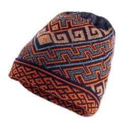 Andean Style,'Unisex 100% Baby Alpaca Knit Hat in Aqua and Orange'