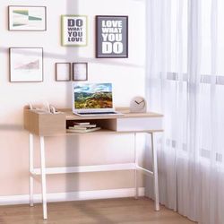 TEMU Computer Desk, Writing Desk, Study Workstation With Drawer, Storage Compartments, Cable Management, Laptop Table, Metal Frame, X 55 X 81.5cm, Oak And White