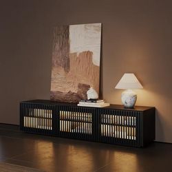 71" Mid-Century Modern Wood Slatted TV Stand with LED lights, LED TV Stand, Black TV Console, Minimalist Entertainment Center, Perfect for 65-inch TVs