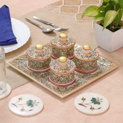 Gathering at the Paradise,'Golden and Red Marble Tray and Covered Bowls (5 Pieces)'