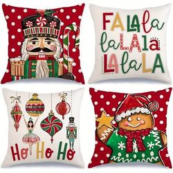 TEMU 4-pack Rustic Christmas Linen Throw Pillow Covers, Zippered Farmhouse Decorative Cushion Cases With Nutcracker, Gingerbread Man, Baubles & For Decor