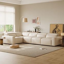 141.14" Power Corner Sofa L-shaped Electric Reclining Couch, 3 Extendable Recliners, Adjustable Headrest, Eco-friendly Leather, USB Charging, Living Room,Beige