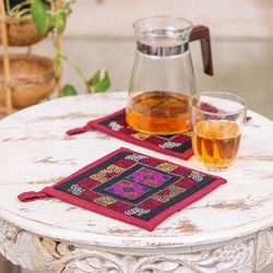 Hmong Cooking in Burgundy,'2 Burgundy Hmong Hill Tribe Embroidered Cotton Blend Trivets'