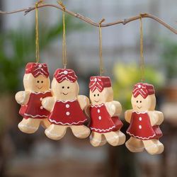 'Hand-Painted 4-Piece Wood Ornament Set of Gingerbread Girl'