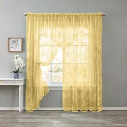 Wide Width Ella Lace Romantique Curtain by BrylaneHome in Pastel Yellow (Size 58" W 84" L)