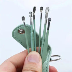 Cuillère à creuser les oreilles en acier inoxydable, couverture en cuir, cuillère de nettoyage en spirale à Double tête, ensemble d'outils de cueillette des oreilles, 6 pièces