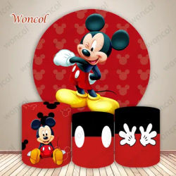 Mickey Mouse Round Backdrop 1st 2nd 3rd Boy Birthday Backdrop Mickey Mouse Cylinder Cover Decor Baby Shower Photo Prop