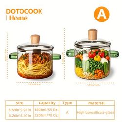TEMU 2pcs Clear Glass Saucepan With Lid, - Yellow/green Color Handle, Large Cooking Pot, Versatile Cookware With Handle And Lid For Noodles, Red , Hot Milk, Home And Restaurant Use.