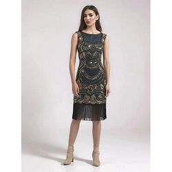 Anni Ruggenti Anni 1920 Lunghezza al ginocchio Vestito Abito Flapper Senza maniche Il grande Gatsby Gentildonna Invitato al matrimonio Paillettes Frangia con nappe Scollo Tondo Costume Per donna