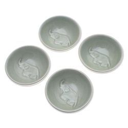 Gourmet Elephant,'4 Handmade Celadon Ceramic Elephant Condiment Bowls in Green'