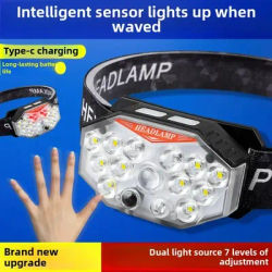 Multi-Functional Intelligent Headlamp Rechargeable Dual Light Source Headlight Red Warning Tent Camping Night Fishing Lantern