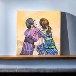 Eternal Love,'Guatemalan Girls with Dog Painting with Pompoms and Beads'