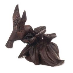 'Hand-Carved Hummingbird Flower-Themed Cedarwood Figurine'