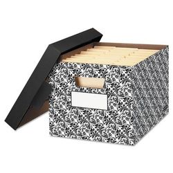 Fellowes 0022705 STOR/FILE Decorative Medium-Duty Storage Box, Letter/Legal Files, 12.5" x 16.25" x 10.5", Black/White Brocade Design, 4/CT - Case of