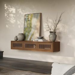 63"Modern Floating TV Stand, Storage Four Cabinets, Walnut Color TV Console,Media Console