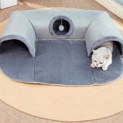 TEMU 3-in-1 Cozy Cat Tunnel Bed With Play Mat And Warm Sleeping Pad, Non-slip Bottom - Ideal For Small To Medium Cats, Rabbits & Hamsters, Game Mat