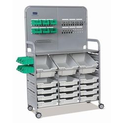 Gratnells Callero MakerSpace Trolley Set 01, Metal, 1 Shelf, 12 F1 Bins, 3 F2 Bins, 42.9" x 17.3" x 61.8", Silver/Light Gray (GTSMST014419)