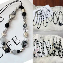 Y2k Black Heart Pearl Beaded Phone Chain Hanging Cord Phone Charms Phone Strap Summer Handmade Mobile Lanyard Jewelry Gift