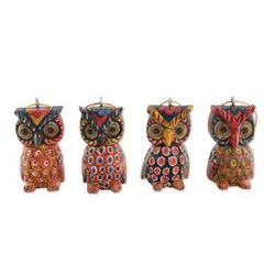 Celebratory Owls,'Pinewood Owl Ornaments from Guatemala (Set of 4)'