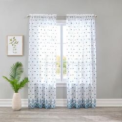Wide Width Embroidered Voile Panel by BrylaneHome in Blue Floral Eyelet (Size 52" W 108"L)