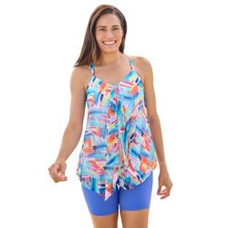 Plus Size Women's Longer-Length Mesh Tankini Top by Swim 365 in Happy Brushstroke (Size 18)
