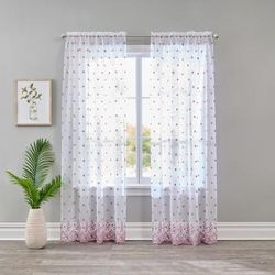 Wide Width Embroidered Voile Panel by BrylaneHome in Pink Floral Eyelet (Size 52" W 108"L)