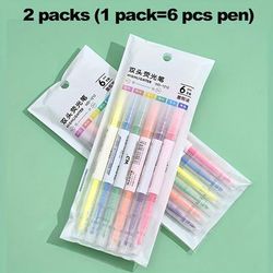 TEMU 2 Sets Of Creative Dual Head And Fluorescent Pens 6pcs/set Learning Markers Key Lines Markers Pens Hand Accounts Graffiti Pens Painting Brushes