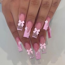 TEMU Box Of 24 French Press-on Nails With Gorgeous Sweet-cool 3d Floral Bow Gradient Water Pipe Design, Long Style. Suitable For S And Women As A Gift, Includes 1 Jelly Glue And 1 Nail File