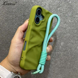 Luxury Wrinkle Matte Wrist Strap Case for iPhone 16 15 14 Pro Max 13 12 11 Lanyard Candy Solid Color Ripple Soft Silicone Cover