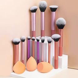 TEMU 15 Makeup Brush Sets - Including Blush Brush, Contour Brush, Foundation Brush, Concealer Brush, Eye Shadow Brush, Etc., 1 Angled Makeup Sponge, 1 Drop-shaped And 1 Powder Puff Beauty Tool