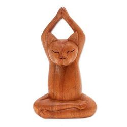 Toward the Sky Brown Yoga Cat,'Hand Crafted Wood Sculpture from Indonesia'