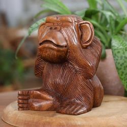 Cheeky Orangutan,'Suar Wood Orangutan Sculpture Hand-Carved in Bali'
