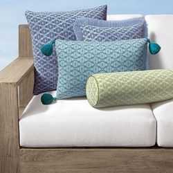 Olivia Mosaic Indoor/Outdoor Pillow - Peacock, 20" x 7" Bolster Peacock, 20" x 7" Bolster in Peacock with Peacock Piping - Frontgate