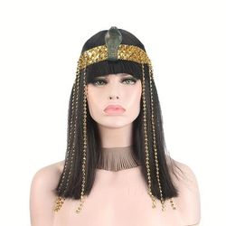 TEMU Cleopatra Cosplay Wig, 12 Inch Women's Straight Hair Black Wig With Bangs, Heat Resistant Button Mesh Cap, Celebrity Themed Halloween Costume Synthetic Hair Wig Includes Headwear