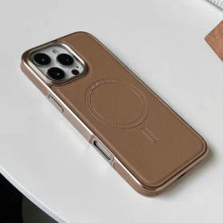 Luxury Business Plating Soft Frame Leather Case For iPhone 16 13 14 15 Pro Max Magsafe Magnetic