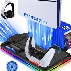TEMU Ps5 Slim Cooling Stand With Rgb Light & Dual Controller Charger - Abs, No Electronics Included, For Playstation 5 Slim/disc/digital