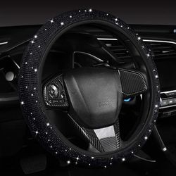TEMU Sparkling Rhinestone Car Steering Wheel Cover, Universal -38cm, Full Diamond, Non-slip Bottom, Durable Polyester, Comfortable Car Interior Accessory, No
