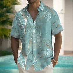Camicia hawaiana estiva da uomo Ouku con bottoni, a maniche corte, con motivo a foglie di palma e piante tropicali, per resort hawaiano, per vacanze, abbigliamento da spiaggia, estate e primavera, con colletto rovesciato, una tasca frontale, rosa e...