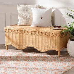 Erla Bohemian Light Honey Rattan Accent Bench with Scallop border by Wholesale Interiors INC in Light (Size ONE SIZE)