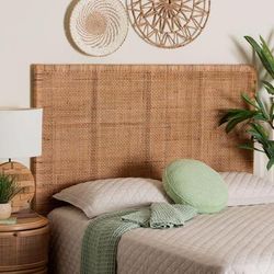 Lesia Bohemian Natural Rattan and Mahogany Wood Queen Size Headboard by Wholesale Interiors INC in Light (Size ONE SIZE)