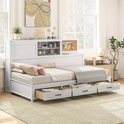 TEMU Chic White Daybed With 3 Storage Drawers - Sturdy Wooden Frame, For & Decor, Ideal For